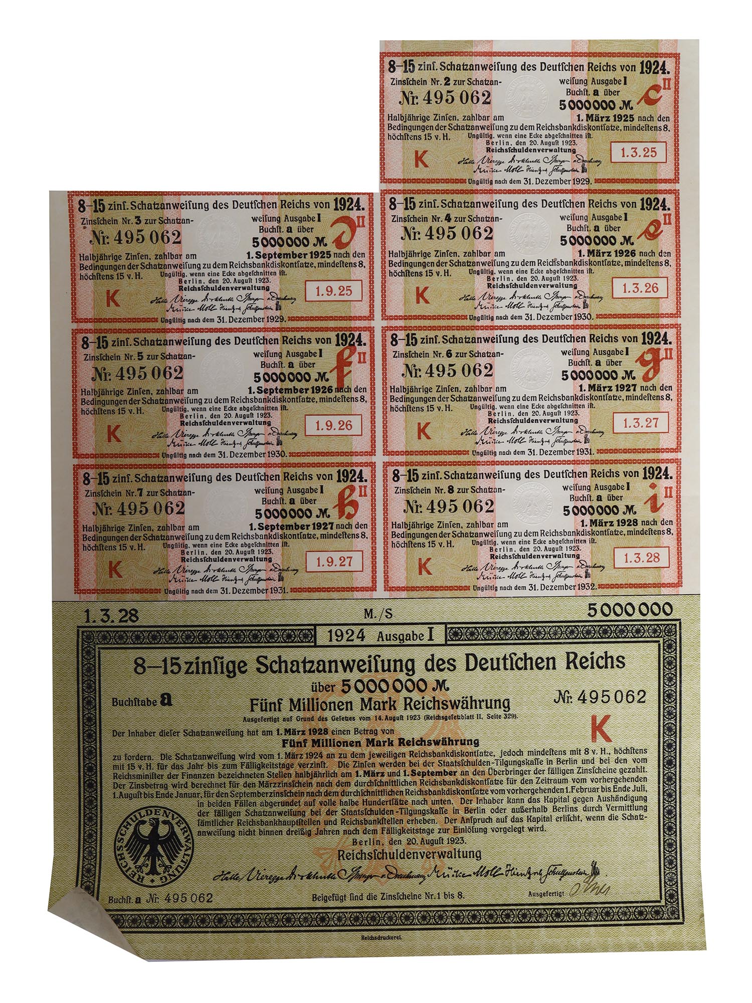 VINTAGE GERMAN TREASURY BOND PAPER MARKS COUPONS PIC-3